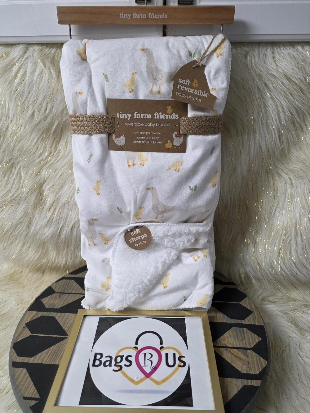 TINY FARM FRIENDS REVERSIBLE FLEECE SHERPA BABY GOOSE BLANKET NWTS 30 X 40
